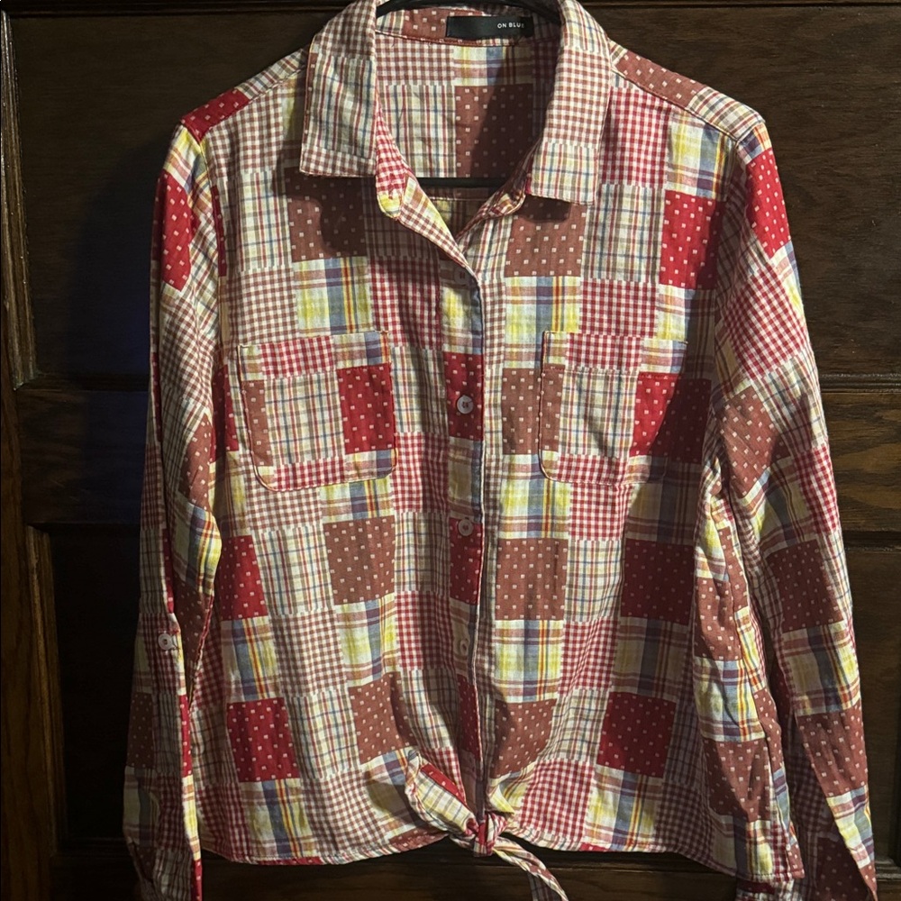 On Blue, Patchwork Button Down Shirt Multicolor, Size Medium, EUC